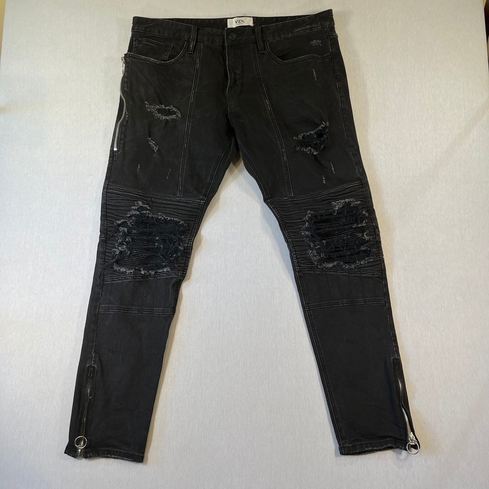 VIDL Los Angeles Jeans Mens 36x31 Lanky Chopper Black Distressed Moto Skinny